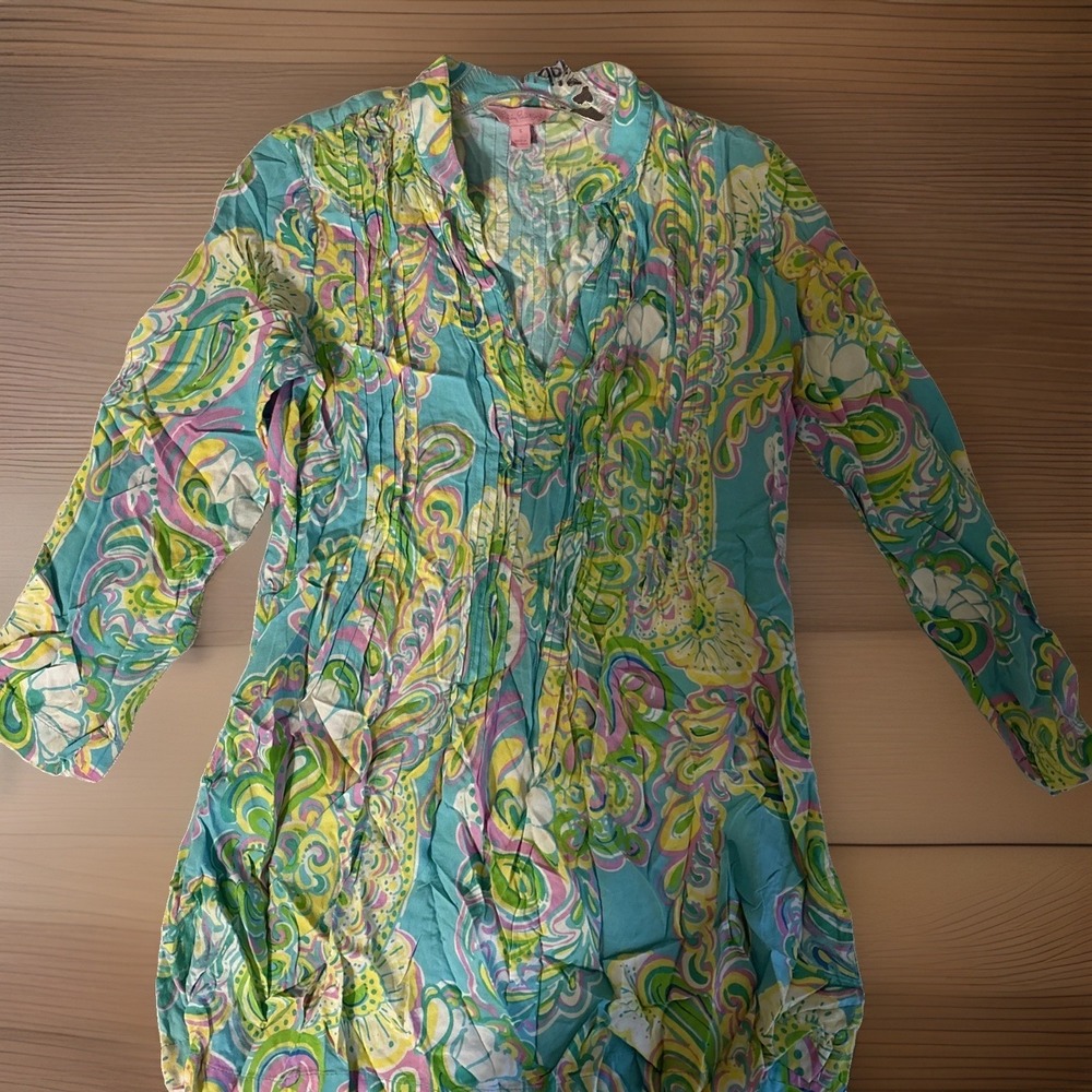 Lilly Pulitzer Sarasota Tunic Top Blouse Blue Pink Paisley Pleated Size Small